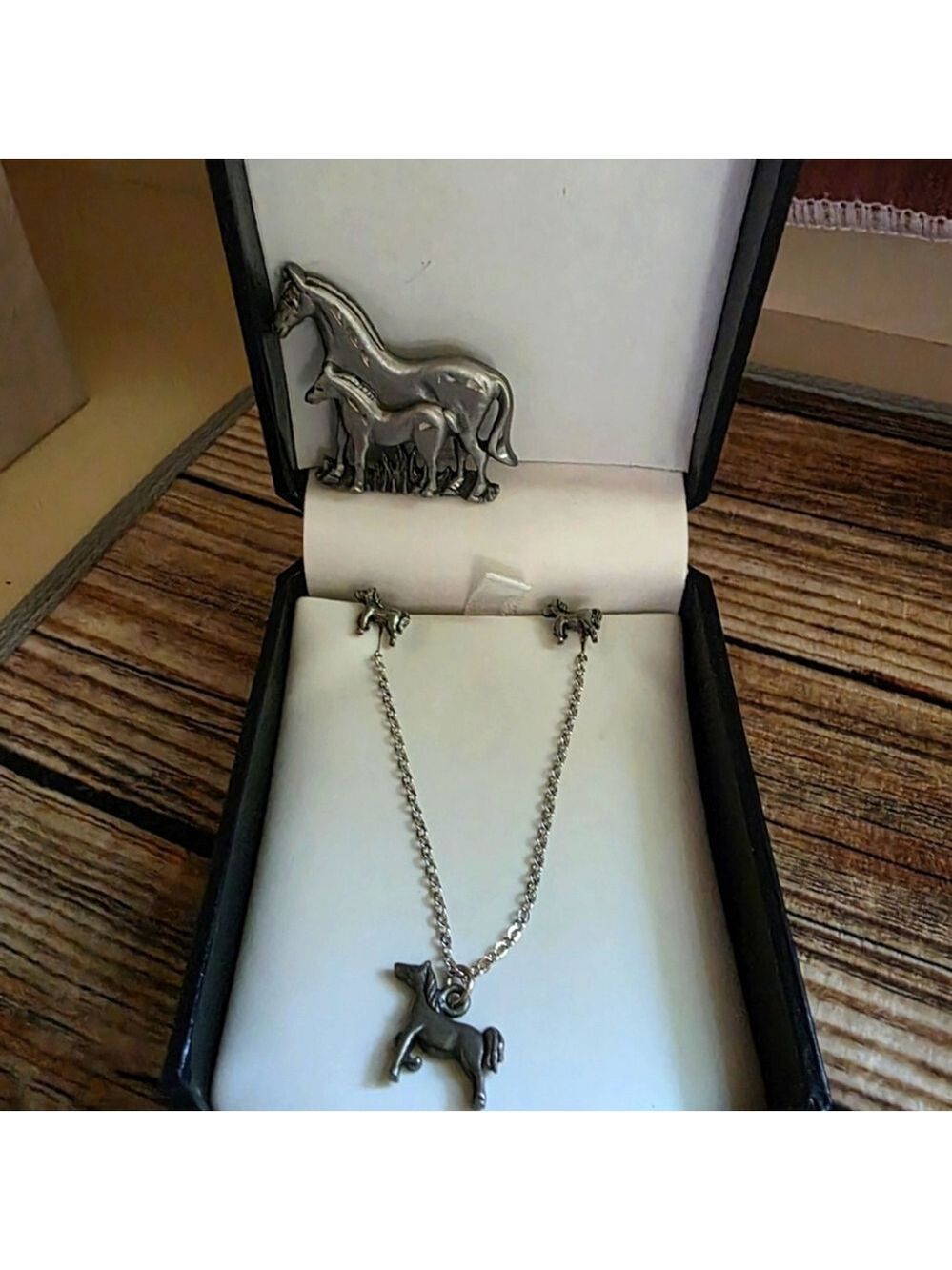 Vintage Torino Pewter Horse Necklace Brooch and Earrings